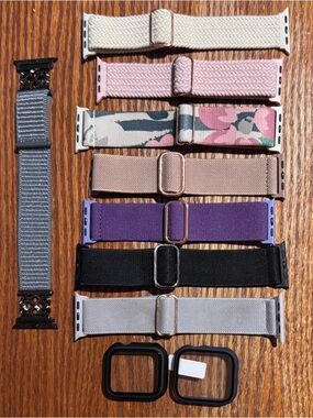 Apple Watch Bands (8) & Face Covers (2) Gray, Black, Purple, Tan, Floral & Pink